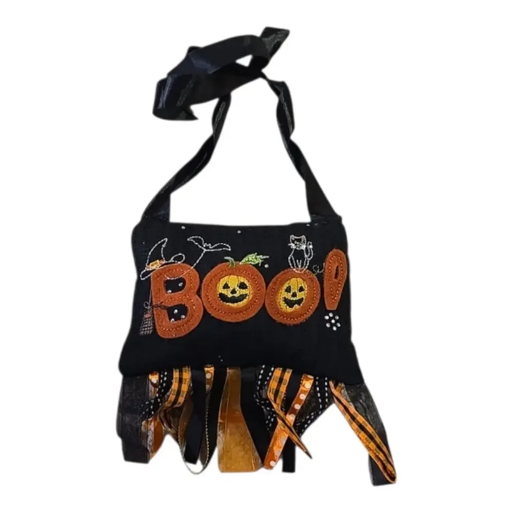 Halloween BOO Embroidered Pumpkin Pillow Holiday Door Hanger Witch Cat Pumpkin
